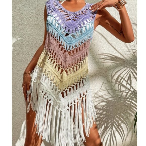 Multi Color Stitched Crochet Fringe Detailed Top Bikini Coverup - Picture 2 of 9